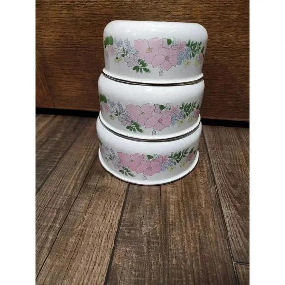 Vintage Kobe Kitchen Bowls Floral Pattern Enamel Metal Mixing Nesting Bowls - Picture 2 of 5